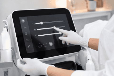 Manos con guantes ajustando parámetros en equipo de aparatología estética