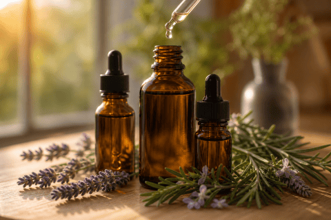 Aceites esenciales para masaje en frascos de vidrio con lavanda y romero.