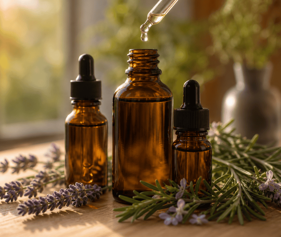Aceites esenciales para masaje en frascos de vidrio con lavanda y romero.