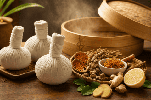 Terapias de masaje con hierbas y aceites en un ambiente relajante.