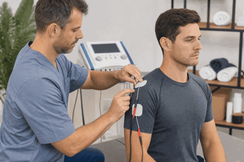 Técnico realiza terapia de electroestimulación en paciente en clínica de masaje.