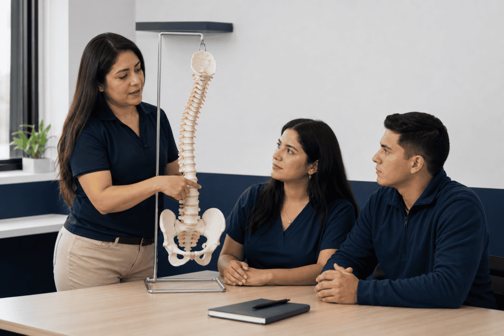 Estudiantes del Diplomado en Quiropráctica aprendiendo anatomía de la columna