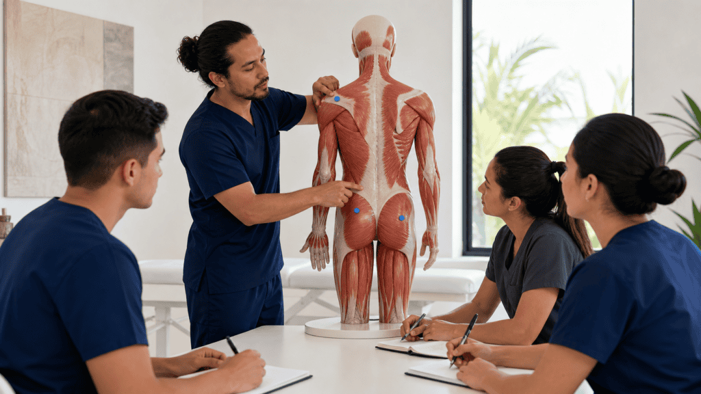 Instructor explicando anatomía muscular y puntos gatillo