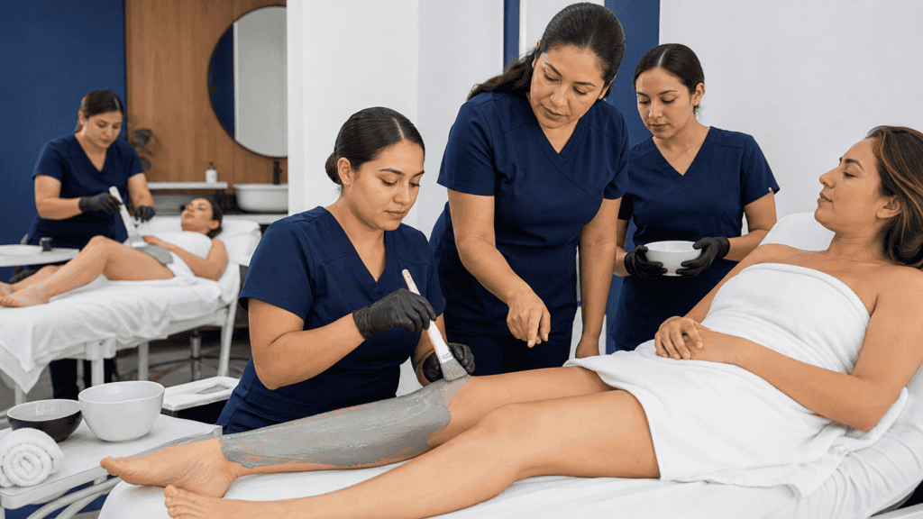 Alumnas practicando un protocolo de cosmetología corporal con fango cosmético