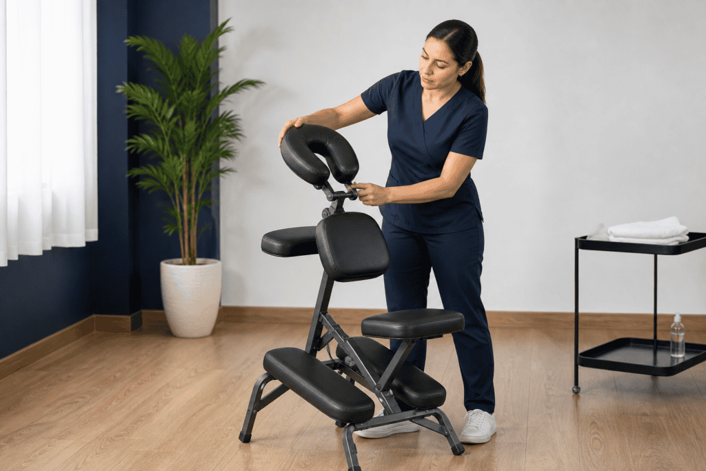 Terapeuta ajustando el soporte facial de una silla ergonómica de masaje