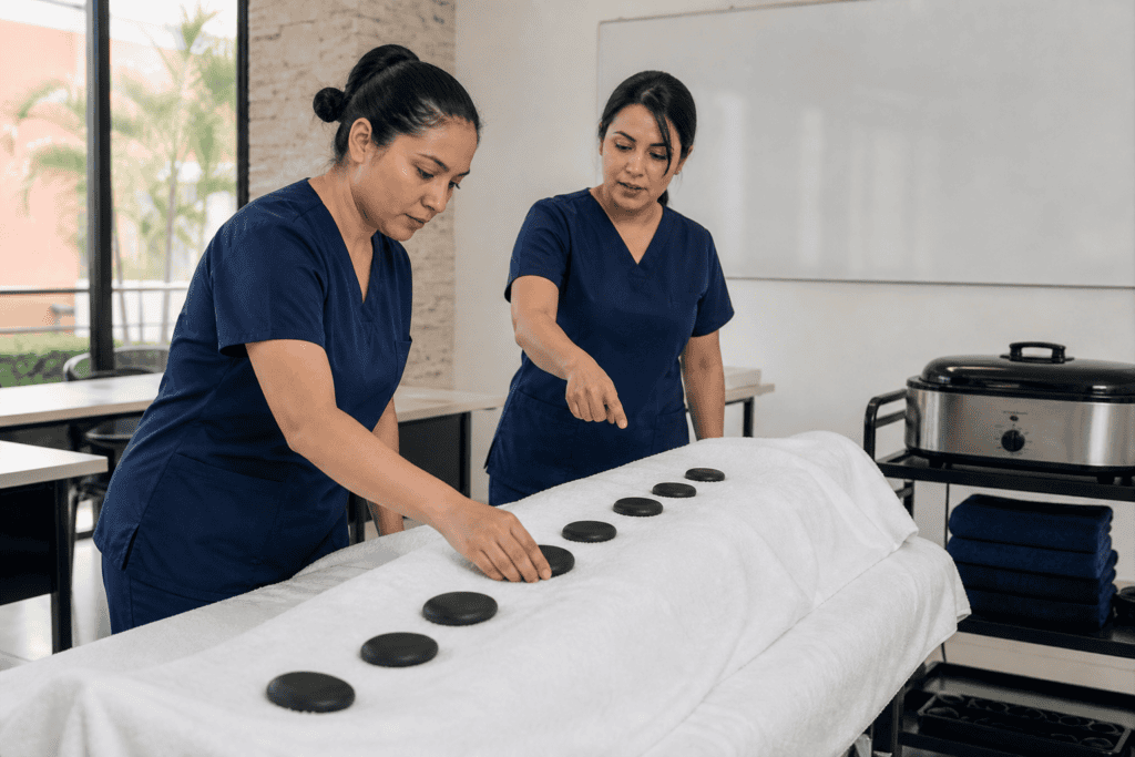 Estudiantes practicando masaje con piedras calientes bajo supervisión