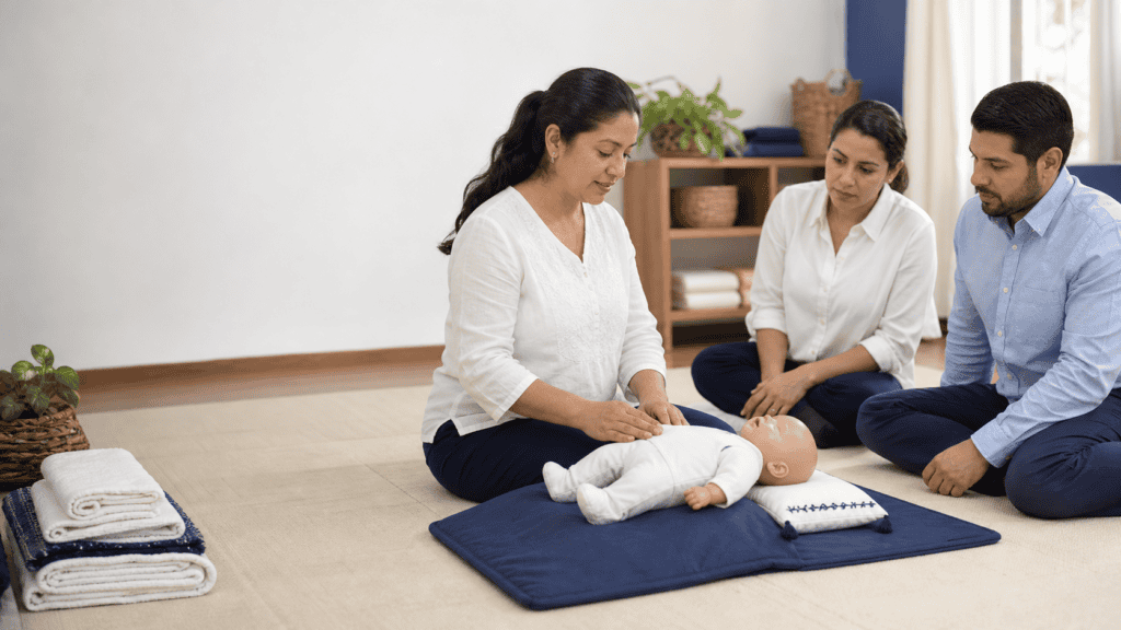 Instructora impartiendo el Taller de Shantala para Bebés con un muñeco didáctico