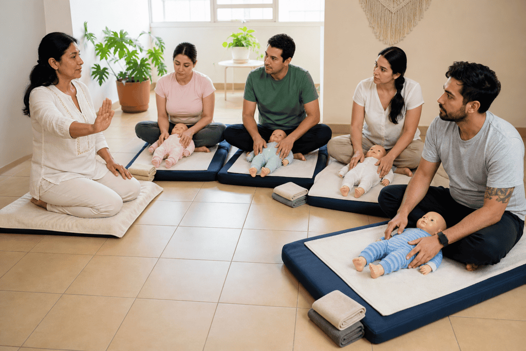 Familias practicando Shantala para bebés con muñecos de entrenamiento