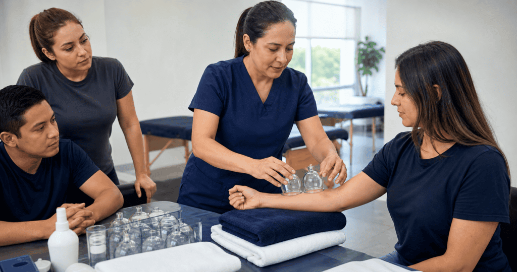 Alumnos aprendiendo masaje con ventosas en una práctica supervisada