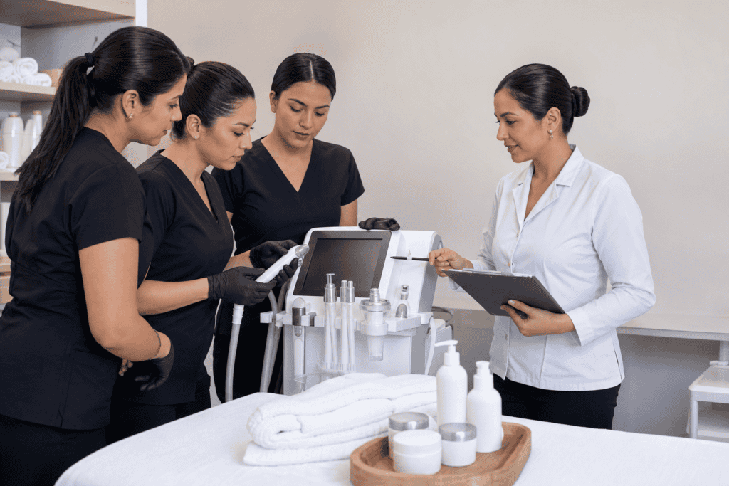 Estudiantes practicando aparatología spa bajo supervisión