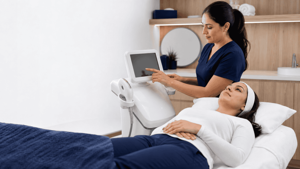 Especialista configurando un equipo de aparatología spa