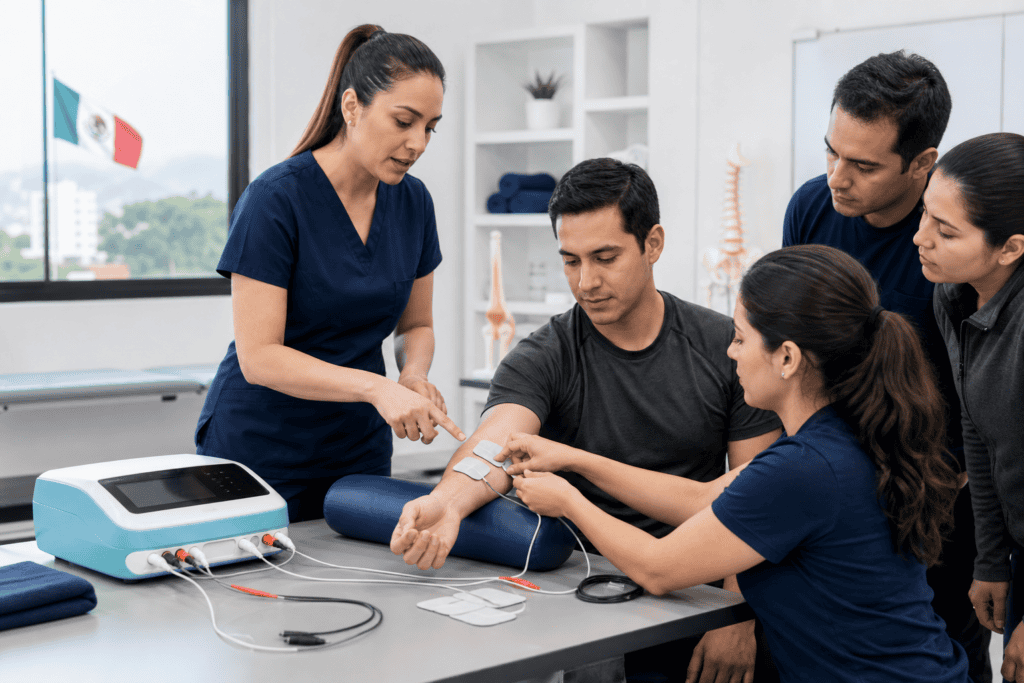 Alumnos practicando colocación de electrodos en un taller de electroterapia