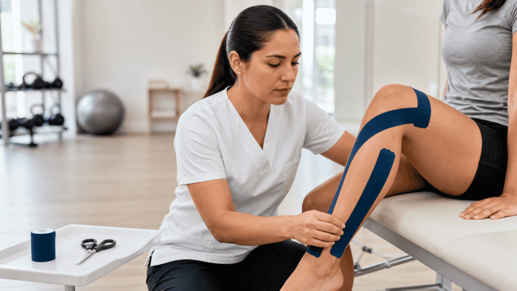 Terapeuta practicando vendaje neuromuscular en rodilla y tobillo