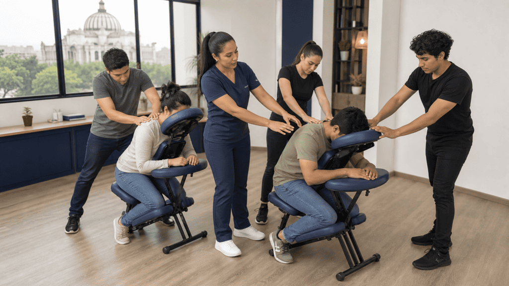 Alumnos practicando masaje en silla durante una clase supervisada
