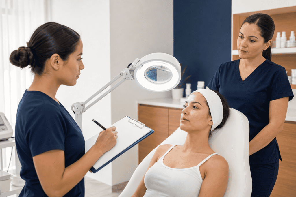 Alumna realizando una valoración de cosmetología facial y corporal