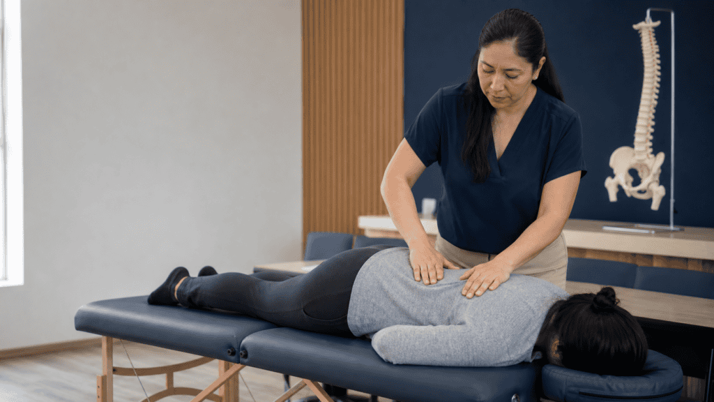 Instructora realizando una práctica supervisada del Diplomado en Quiropráctica