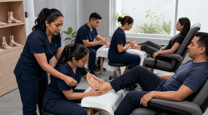 Estudiantes aprendiendo reflexología podal con supervisión