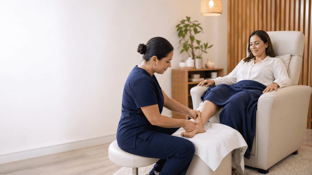 Terapeuta realizando una sesión de reflexología podal