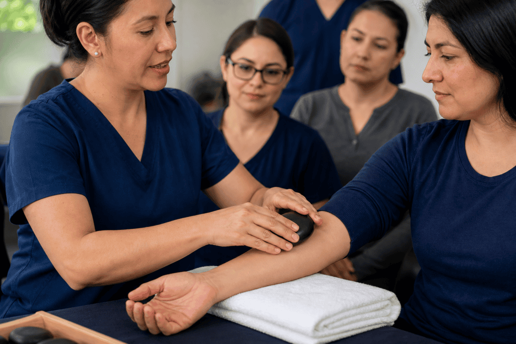 Instructora enseñando masaje con piedras calientes en el antebrazo