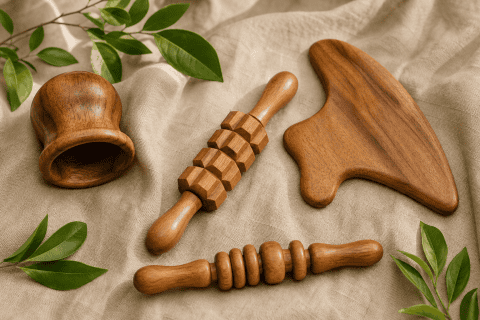 Instrumentos de masaje de madera para terapia y relajación en estudio de masaje.