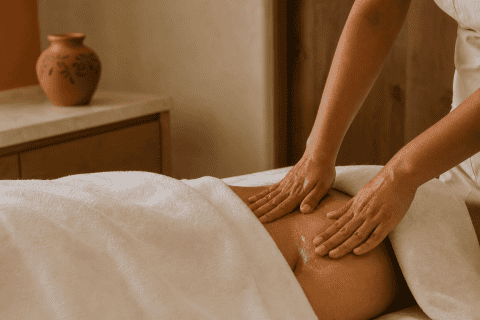 Terapeuta profesional aplicando masaje de espalda con aceite en cabina de spa