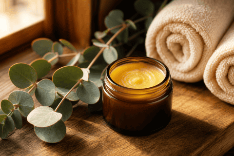 Vela de masaje y toallas en un ambiente relajante de spa.