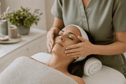 Masajista realizando masaje facial en mujer en spa de bienestar.