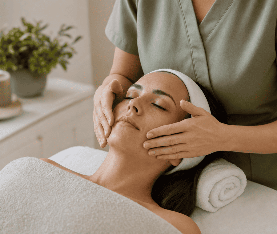 Masajista realizando masaje facial en mujer en spa de bienestar.