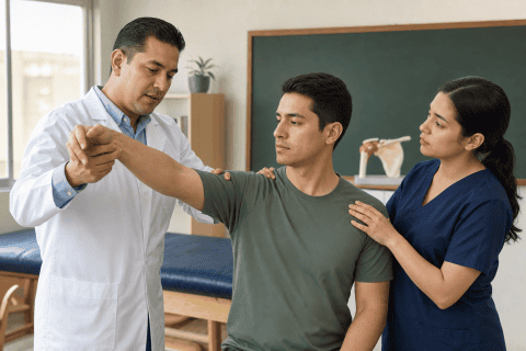 Fisioterapeuta realiza terapia de rehabilitación en paciente en clínica de masaje.