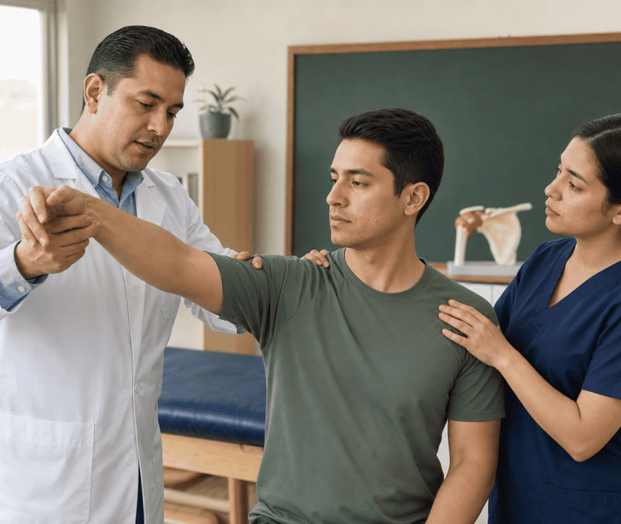 Fisioterapeuta realiza terapia de rehabilitación en paciente en clínica de masaje.