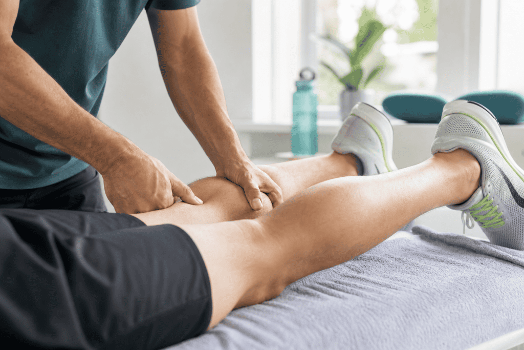 Técnico realizando masaje en piernas en clínica de masajes profesional.