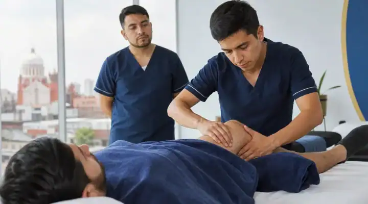 Estudiante de masaje deportivo trabajando la pierna de un corredor en una práctica supervisada