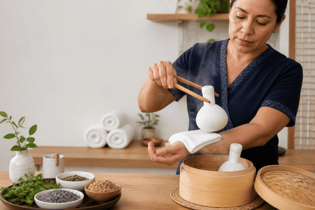 Prueba segura de temperatura de una compresa herbal al vapor