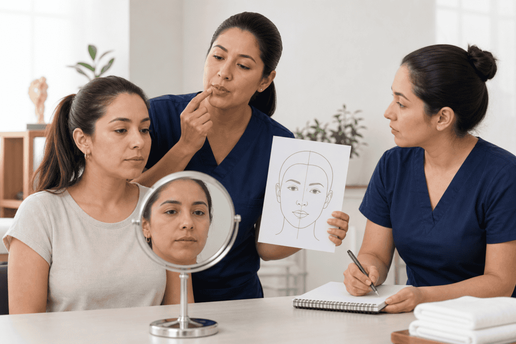 Práctica de ejercicios faciales suaves frente al espejo