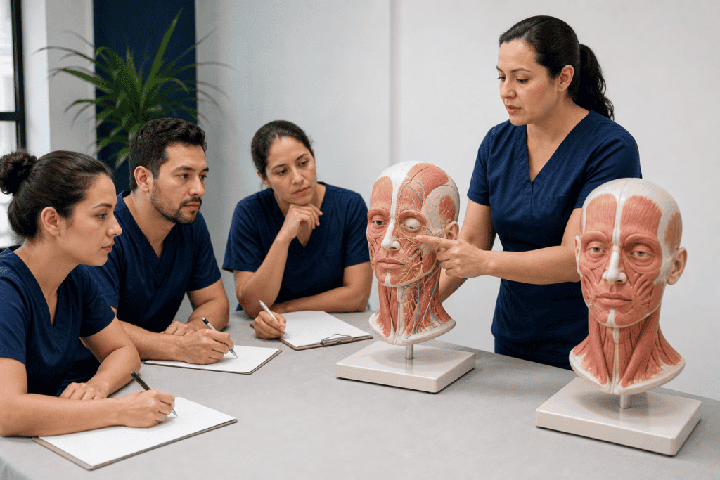 Alumnos estudiando el nervio facial y los músculos del rostro